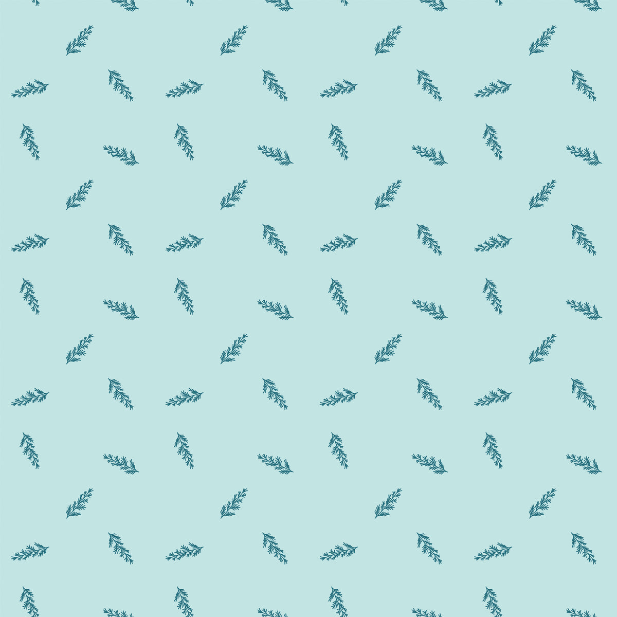Toss Powder fabric with dark teal leafy sprigs scattered across a pale aqua background.
