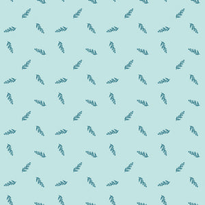 Toss Powder fabric with dark teal leafy sprigs scattered across a pale aqua background.
