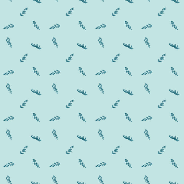 Toss Powder fabric with dark teal leafy sprigs scattered across a pale aqua background.