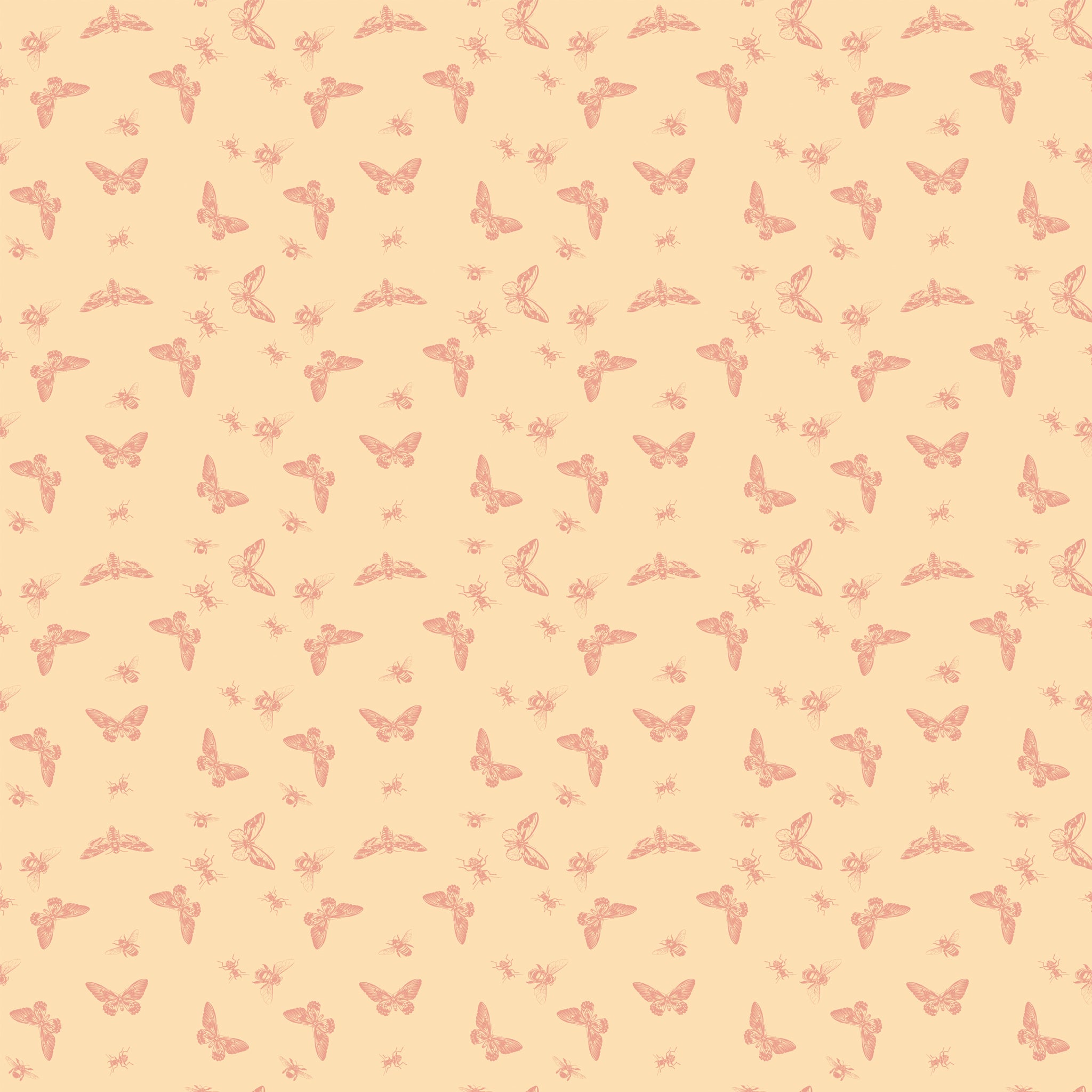 Flutter Blush fabric with coral butterflies, moths, bees, and other insects on a pale peach background.