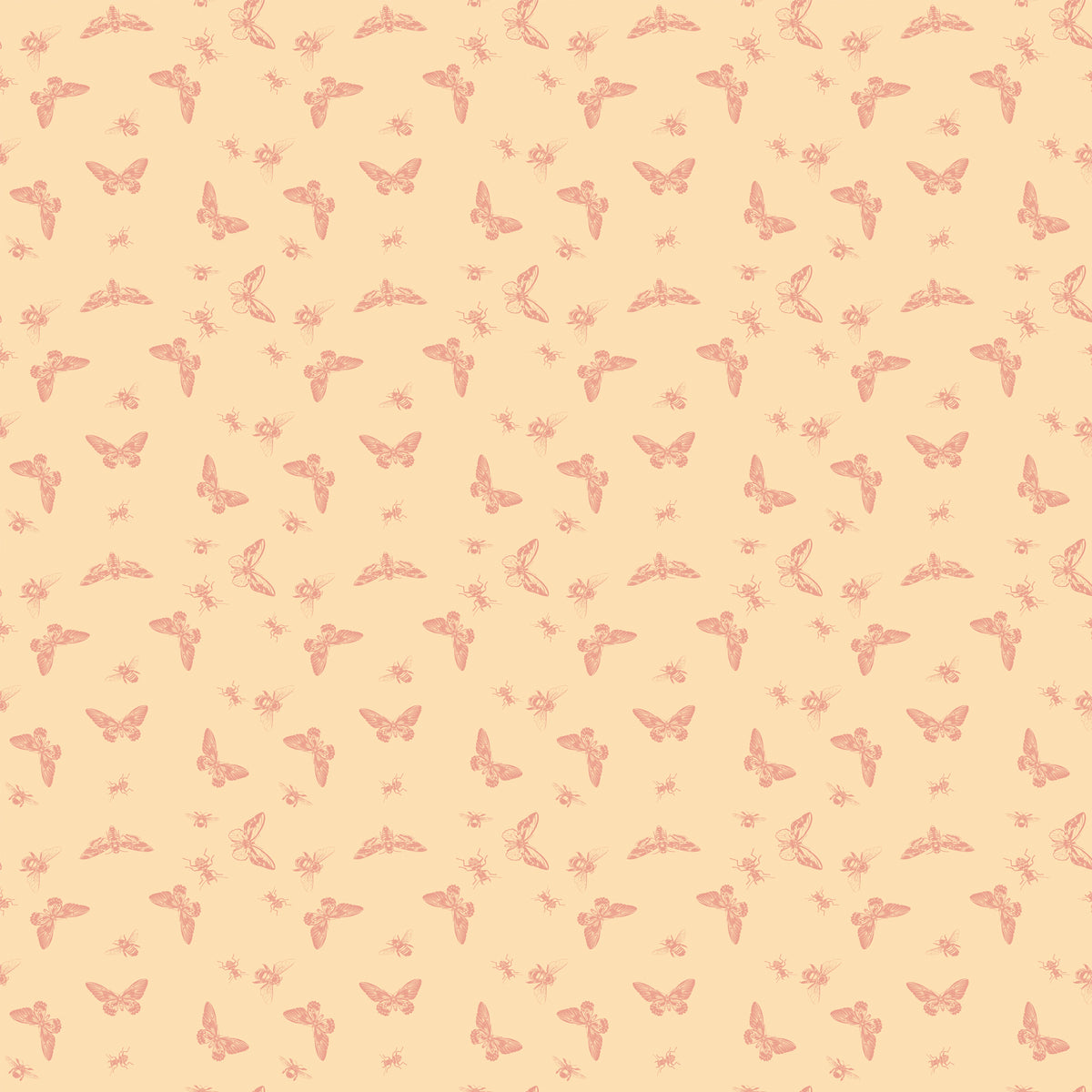 Flutter Blush fabric with coral butterflies, moths, bees, and other insects on a pale peach background.