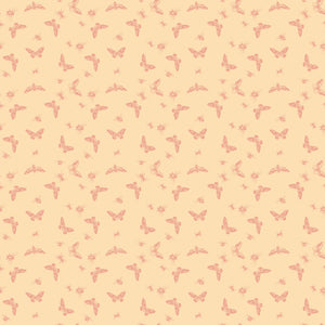 Flutter Blush fabric with coral butterflies, moths, bees, and other insects on a pale peach background.