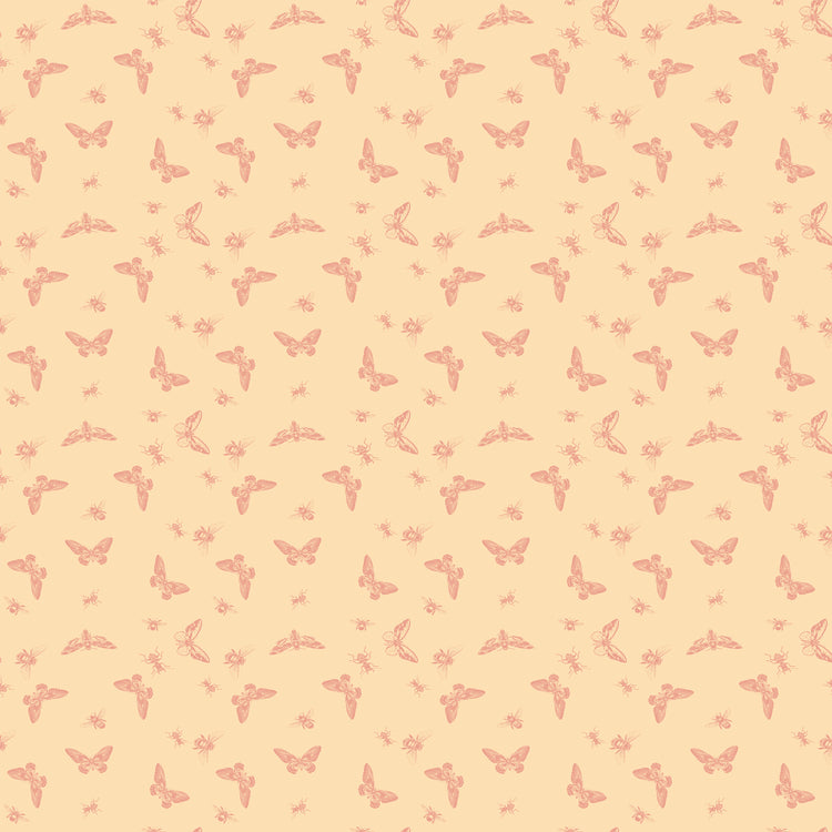 Flutter Blush fabric with coral butterflies, moths, bees, and other insects on a pale peach background.