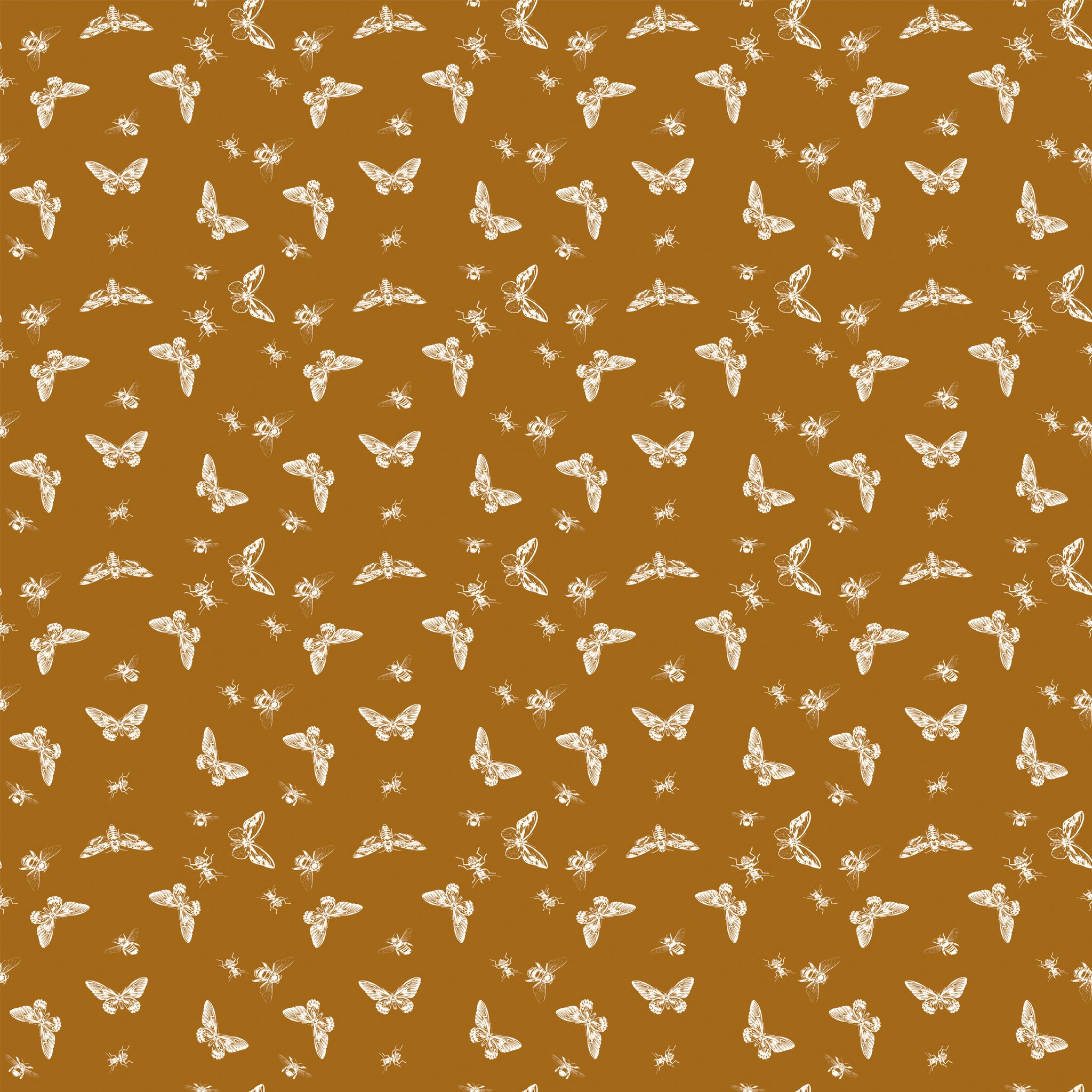 Flutter Butterscotch fabric with cream butterflies, moths, and small insects on a golden ochre background.