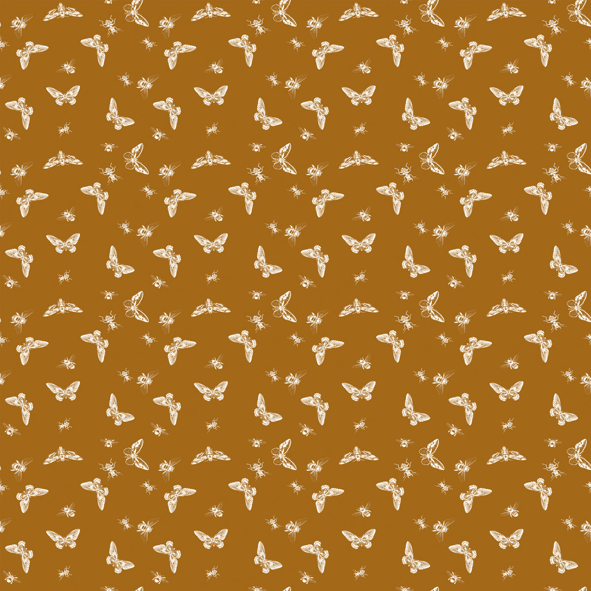 Flutter Butterscotch fabric with cream butterflies, moths, and small insects on a golden ochre background.