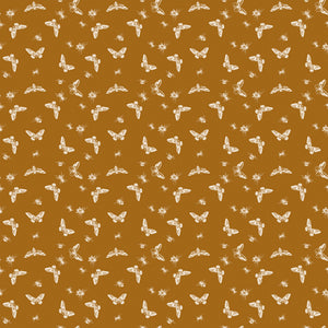 Flutter Butterscotch fabric with cream butterflies, moths, and small insects on a golden ochre background.