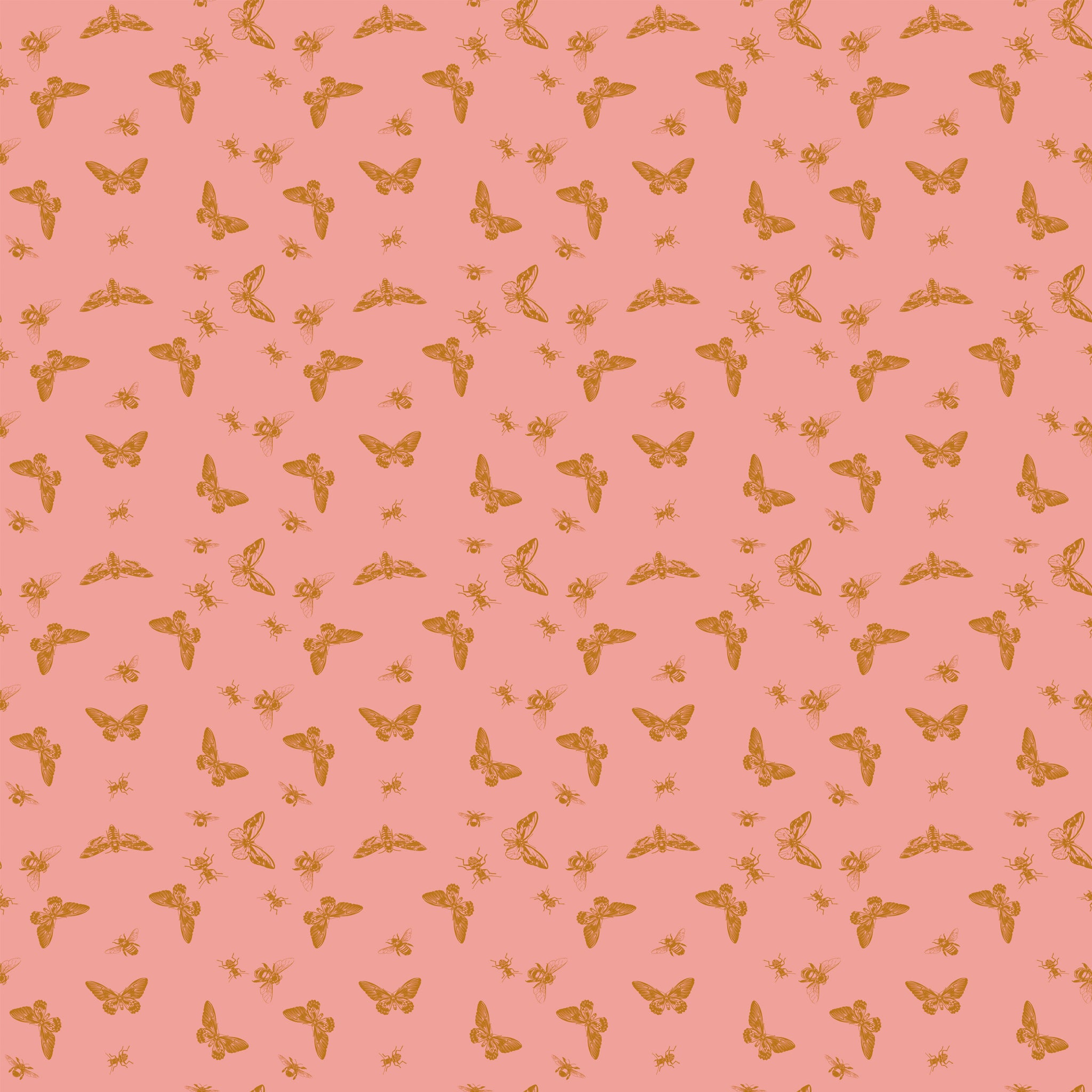 Flutter Coral fabric with golden ochre butterflies, moths, and small insects on a coral-pink background.