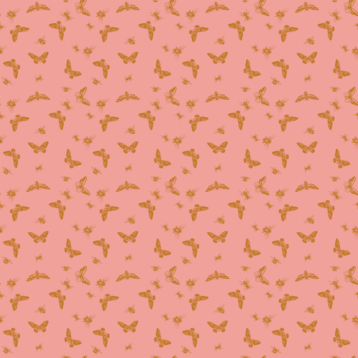 Flutter Coral fabric with golden ochre butterflies, moths, and small insects on a coral-pink background.