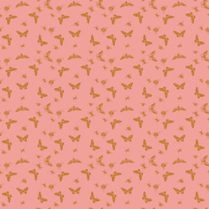 Flutter Coral fabric with golden ochre butterflies, moths, and small insects on a coral-pink background.
