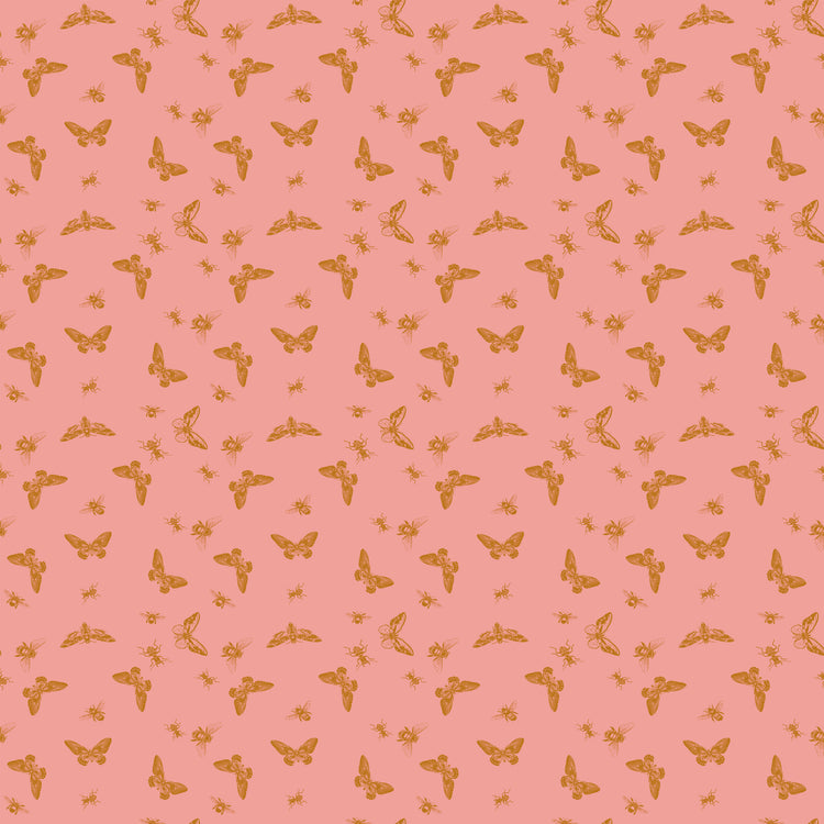 Flutter Coral fabric with golden ochre butterflies, moths, and small insects on a coral-pink background.