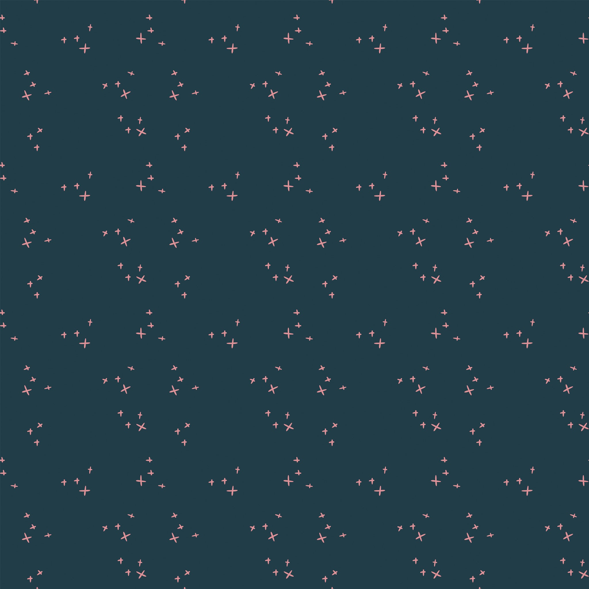 Scatter Blue fabric with small coral-pink crosses in loose clusters on a deep teal-blue background.