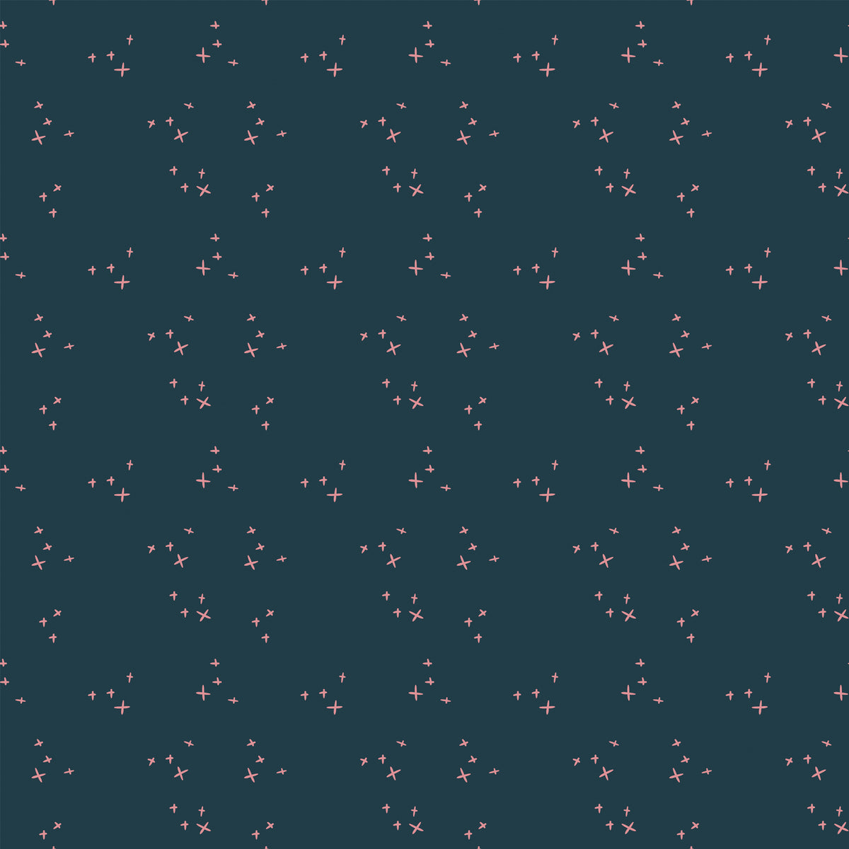 Scatter Blue fabric with small coral-pink crosses in loose clusters on a deep teal-blue background.