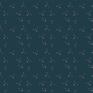 Scatter Blue fabric with small coral-pink crosses in loose clusters on a deep teal-blue background.