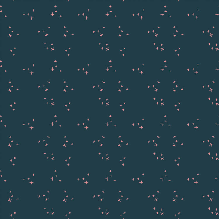 Scatter Blue fabric with small coral-pink crosses in loose clusters on a deep teal-blue background.