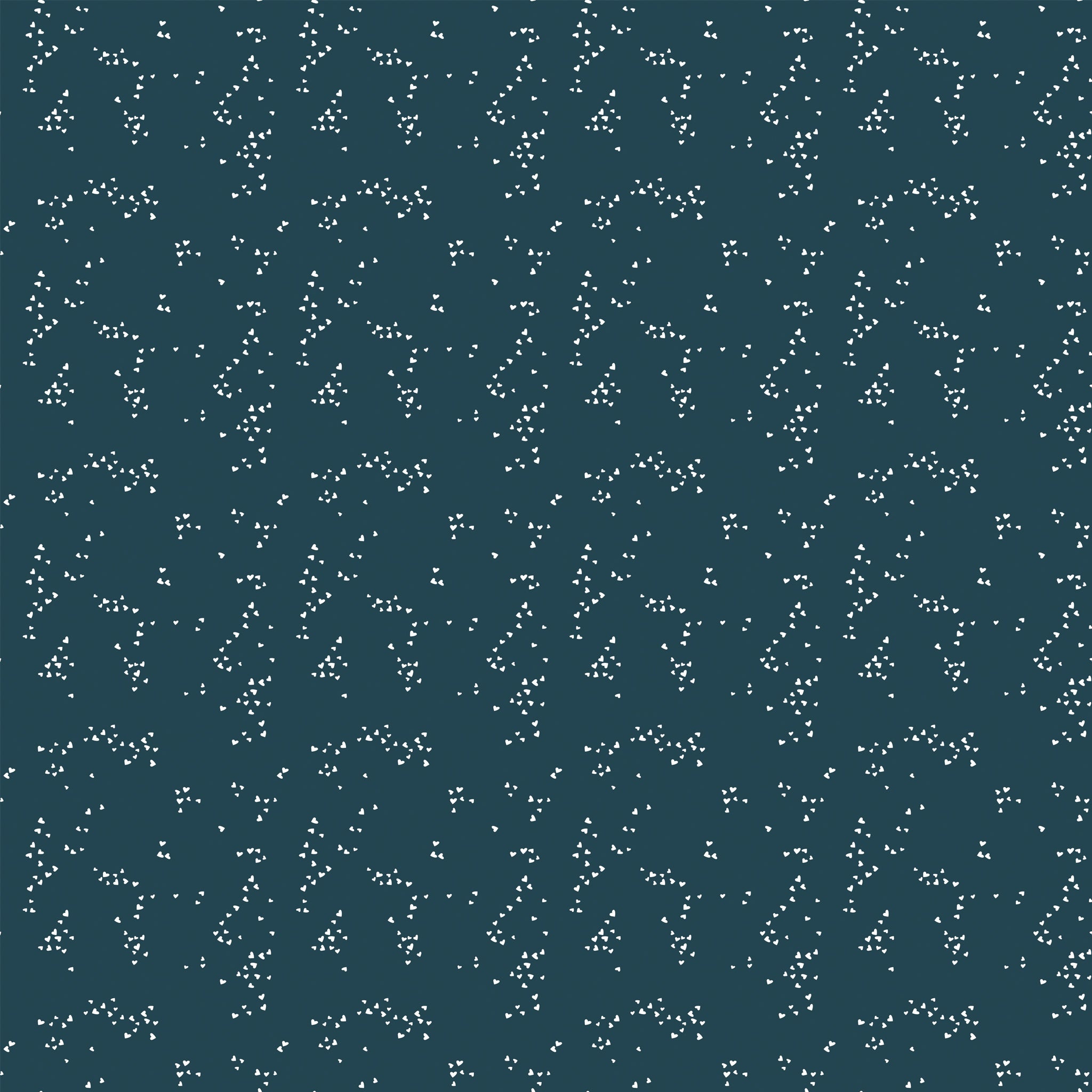 Hearts Blue fabric with tiny ivory hearts scattered in loose clusters on a dark teal-blue background.
