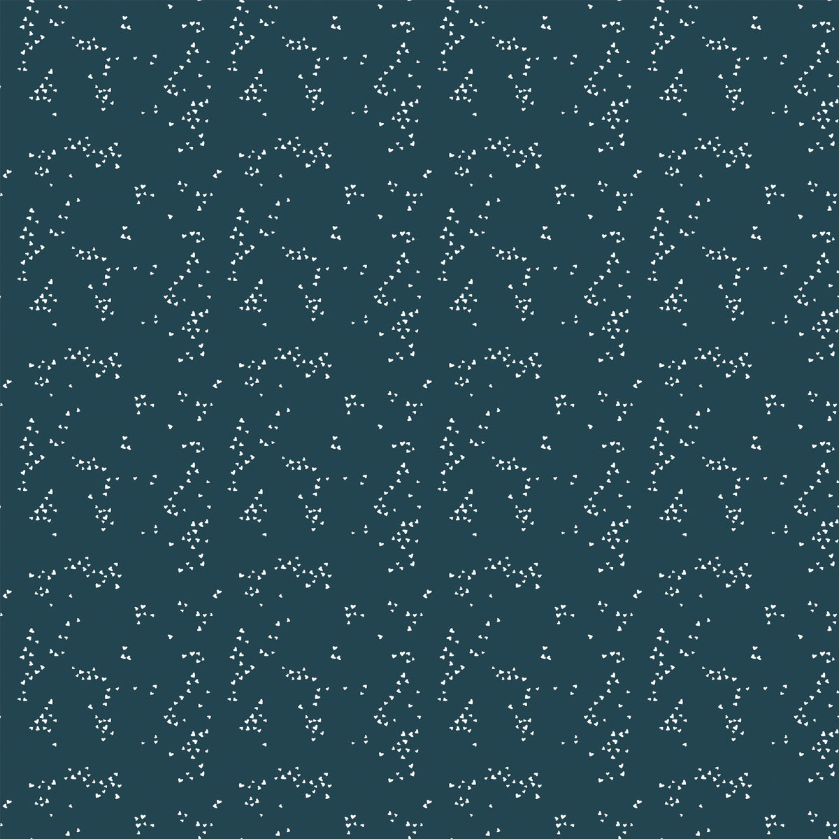 Hearts Blue fabric with tiny ivory hearts scattered in loose clusters on a dark teal-blue background.