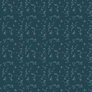 Hearts Blue fabric with tiny ivory hearts scattered in loose clusters on a dark teal-blue background.