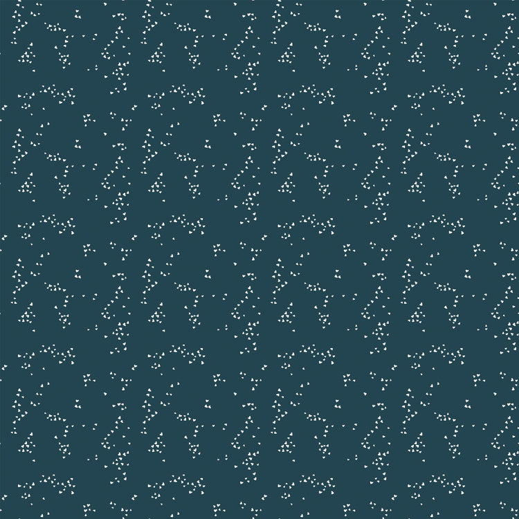 Hearts Blue fabric with tiny ivory hearts scattered in loose clusters on a dark teal-blue background.