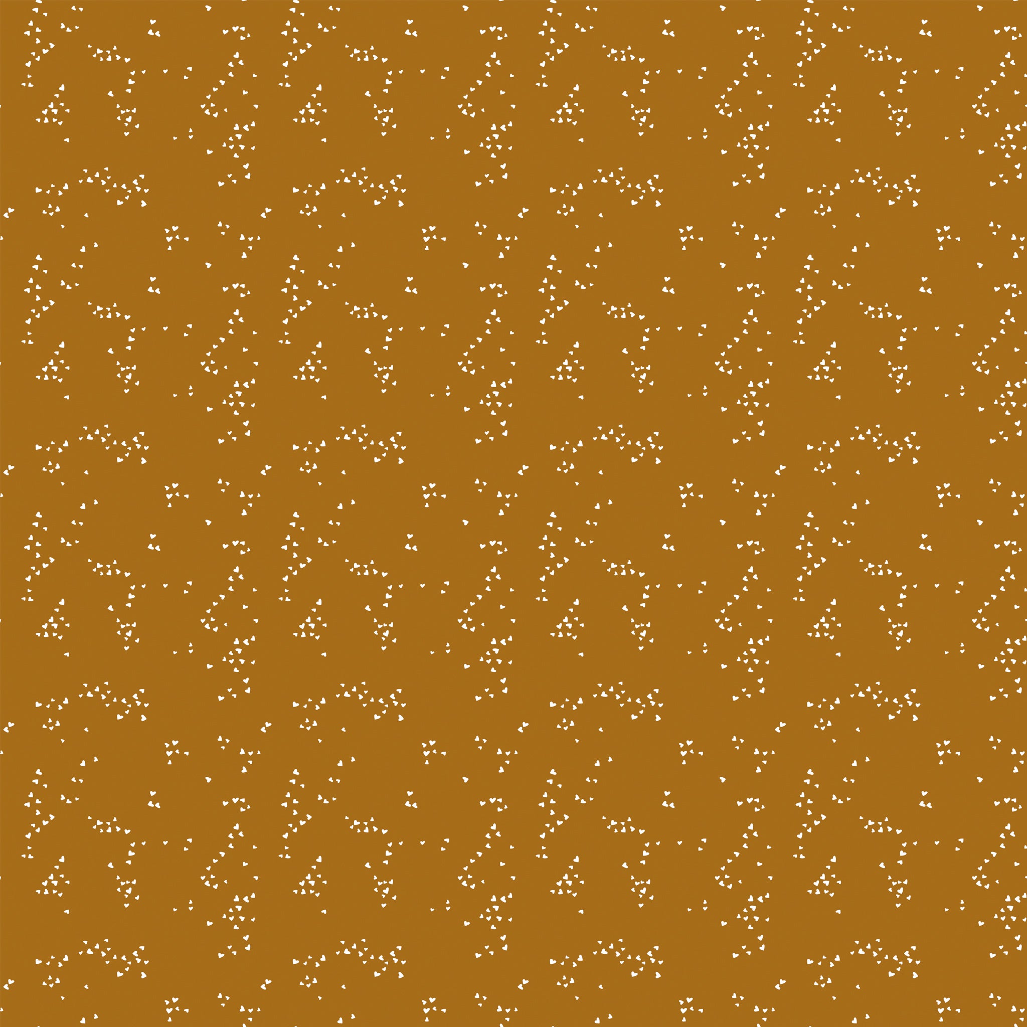 Hearts Butterscotch fabric with small cream hearts in scattered clusters on a warm golden ochre background.