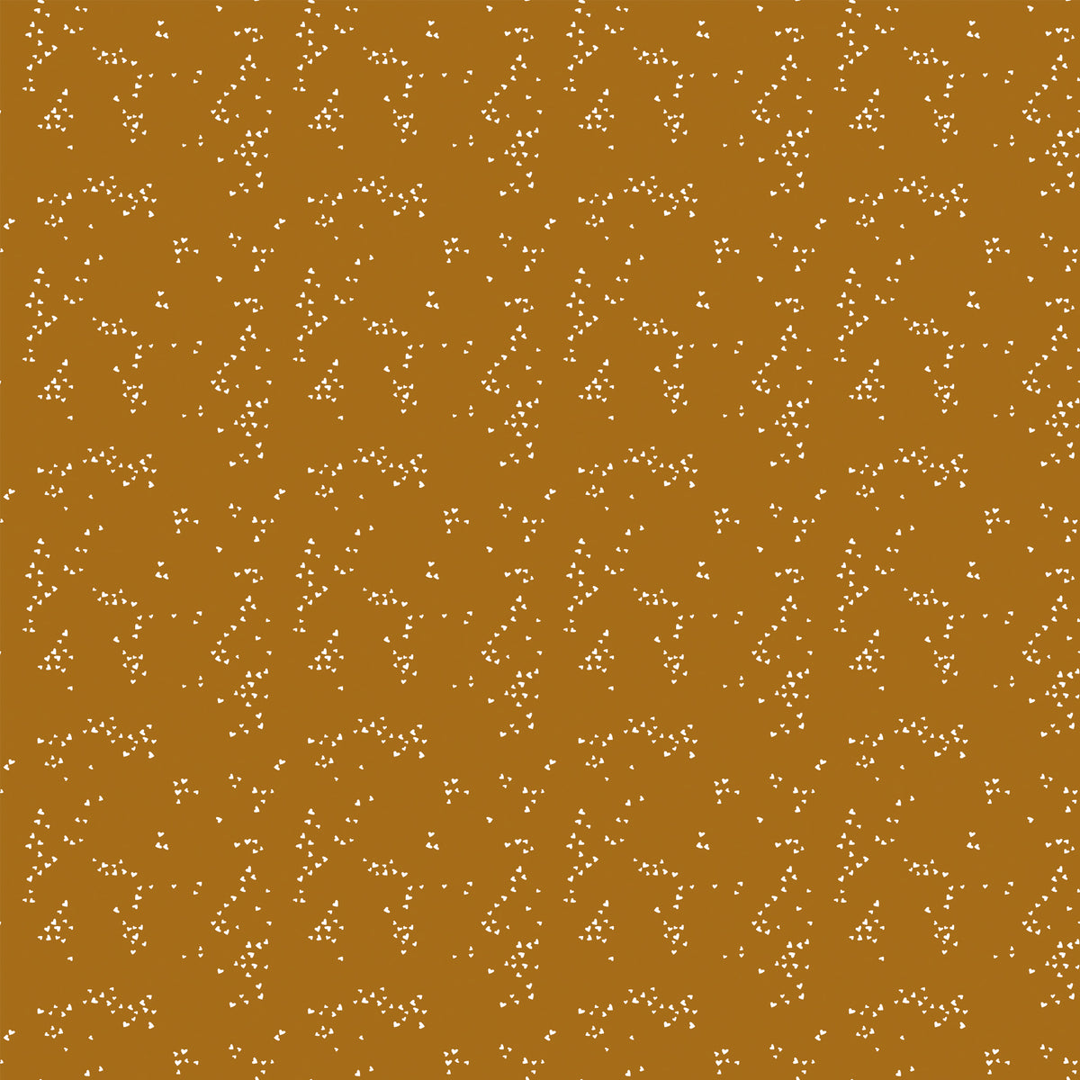 Hearts Butterscotch fabric with small cream hearts in scattered clusters on a warm golden ochre background.