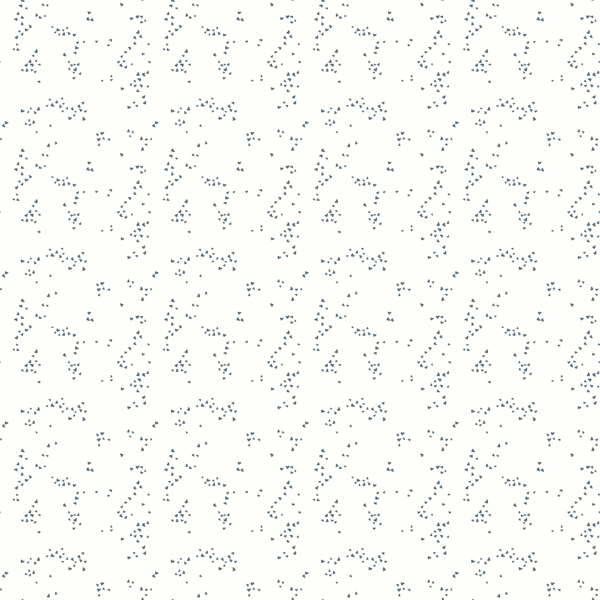 Hearts Off White fabric with tiny slate-blue hearts scattered in irregular clusters on an off-white background.