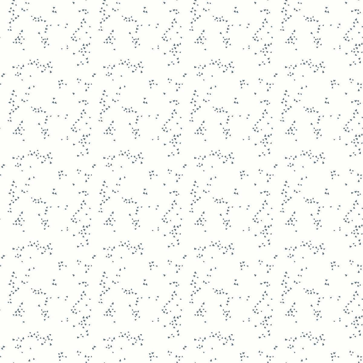 Hearts Off White fabric with tiny slate-blue hearts scattered in irregular clusters on an off-white background.