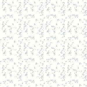 Hearts Off White fabric with tiny slate-blue hearts scattered in irregular clusters on an off-white background.