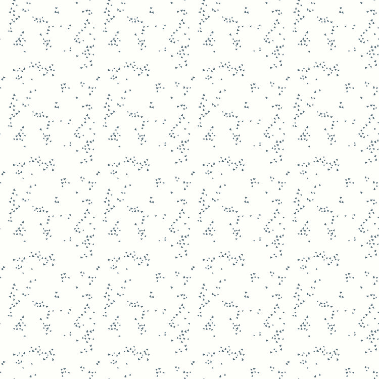 Hearts Off White fabric with tiny slate-blue hearts scattered in irregular clusters on an off-white background.