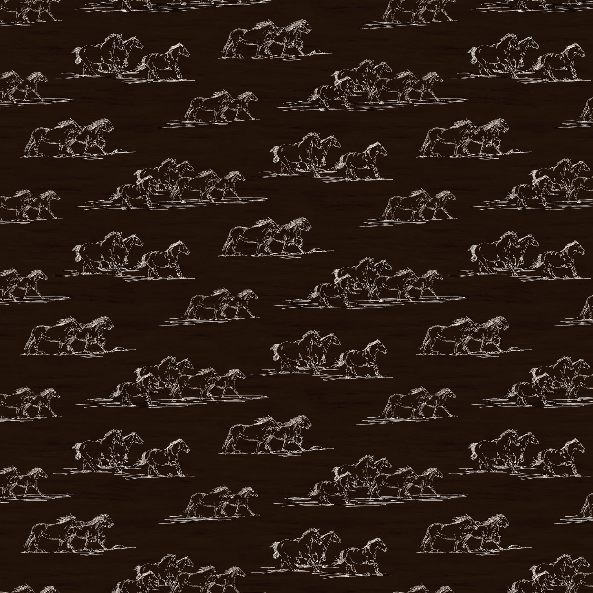 Horse Toile Brown fabric with cream line drawings of running horses on a dark brown background.
