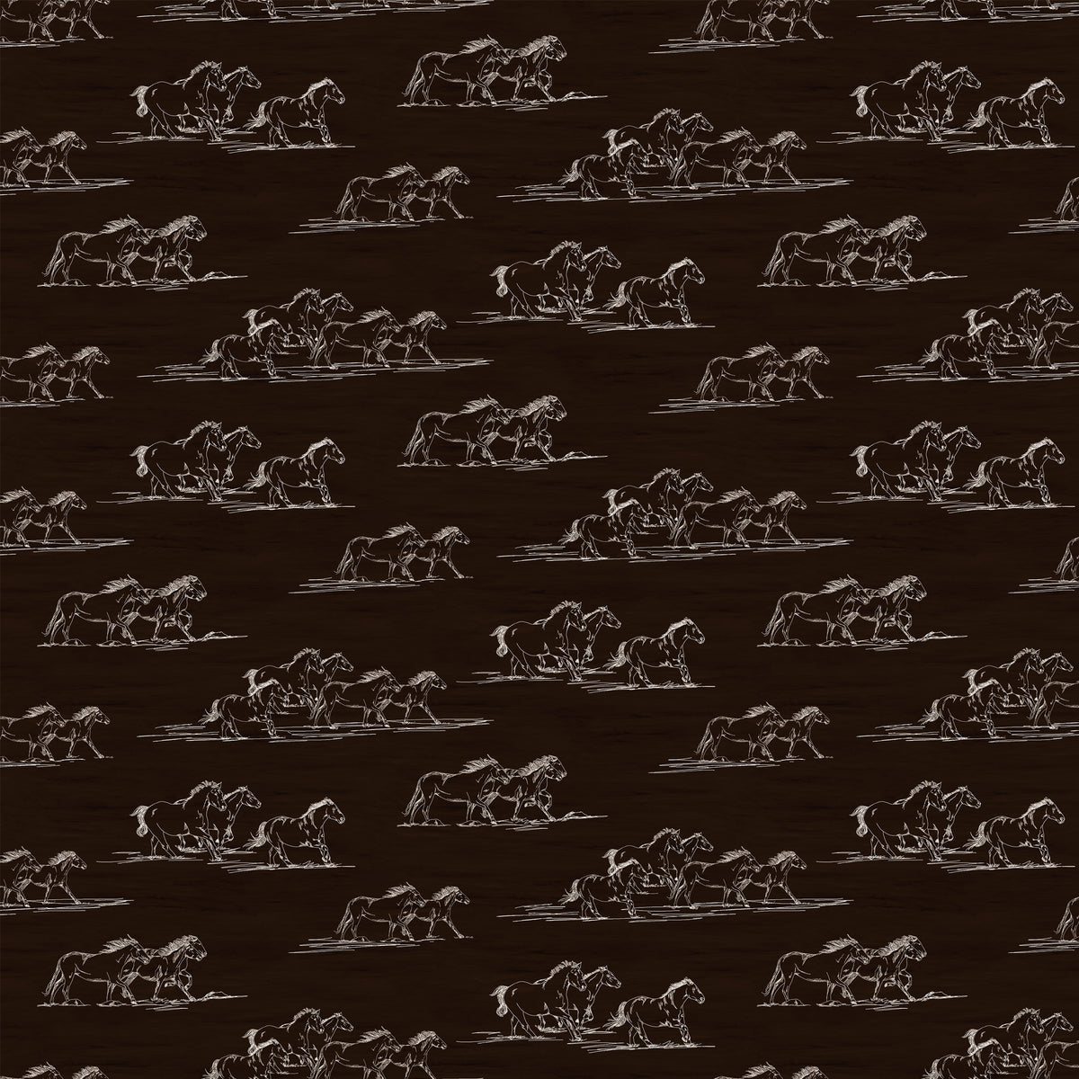 Horse Toile Brown fabric with cream line drawings of running horses on a dark brown background.