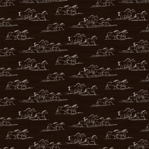 Horse Toile Brown fabric with cream line drawings of running horses on a dark brown background.
