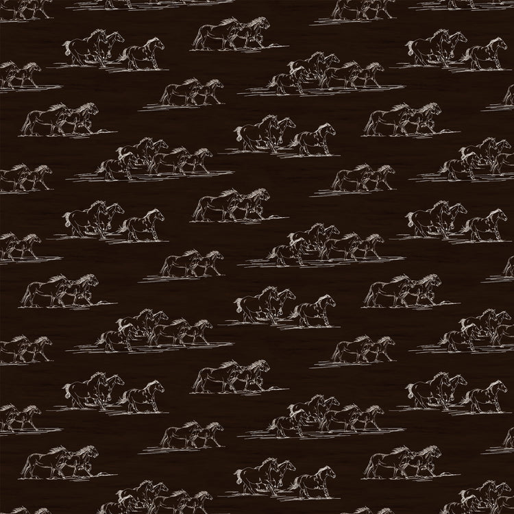 Horse Toile Brown fabric with cream line drawings of running horses on a dark brown background.
