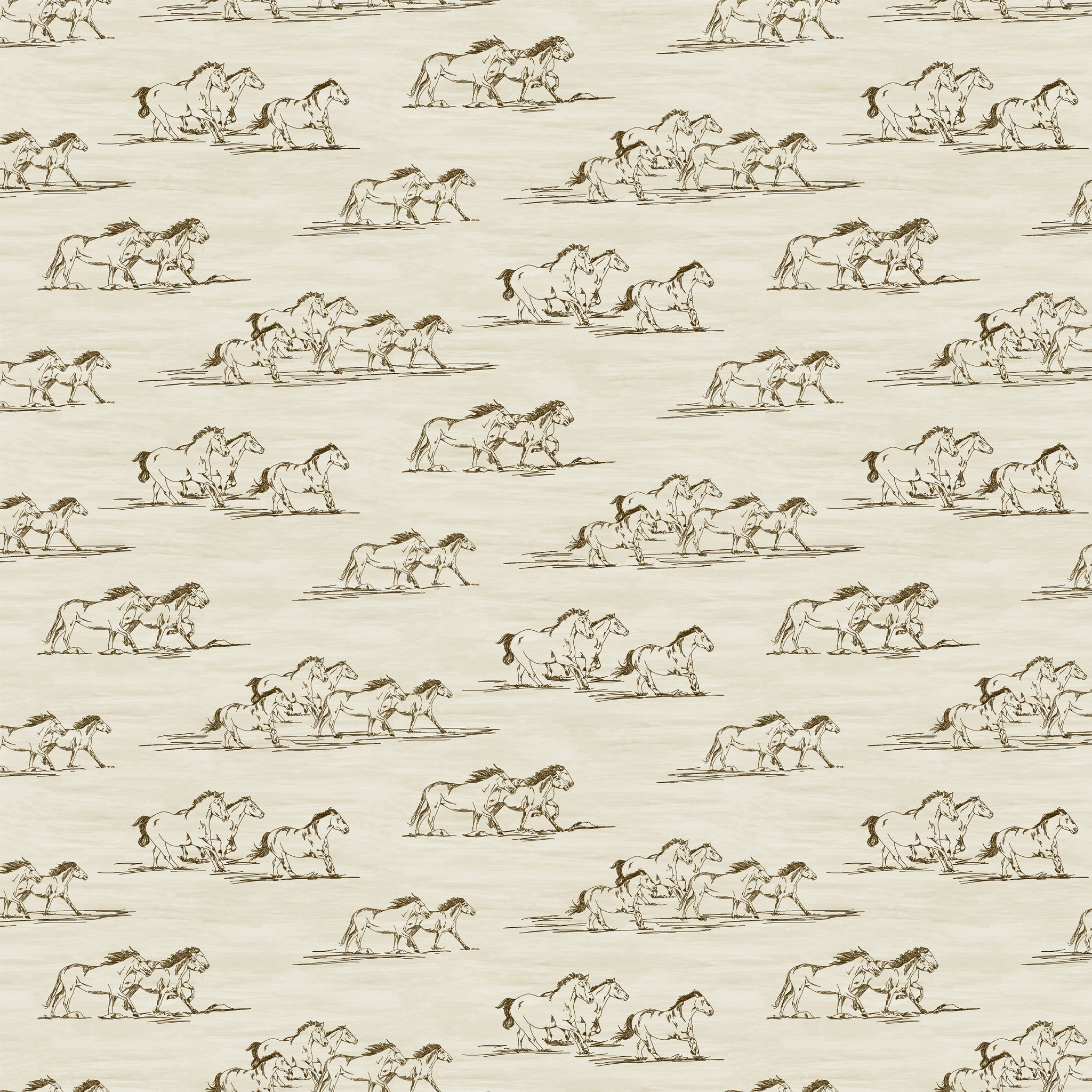 Horse Toile Cream fabric with brown sketches of running horses on a softly textured cream background.