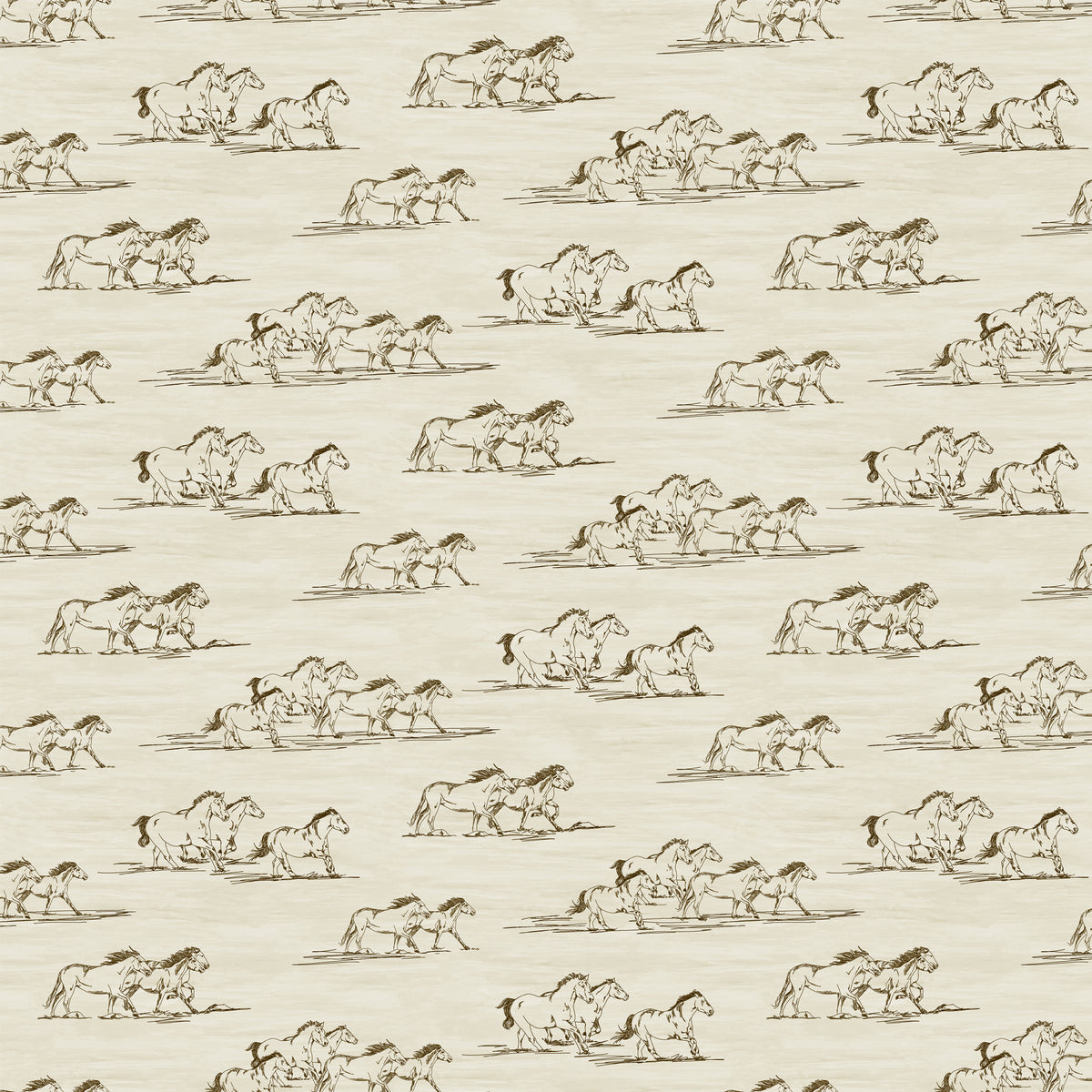 Horse Toile Cream fabric with brown sketches of running horses on a softly textured cream background.