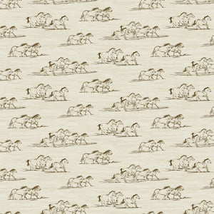 Horse Toile Cream fabric with brown sketches of running horses on a softly textured cream background.