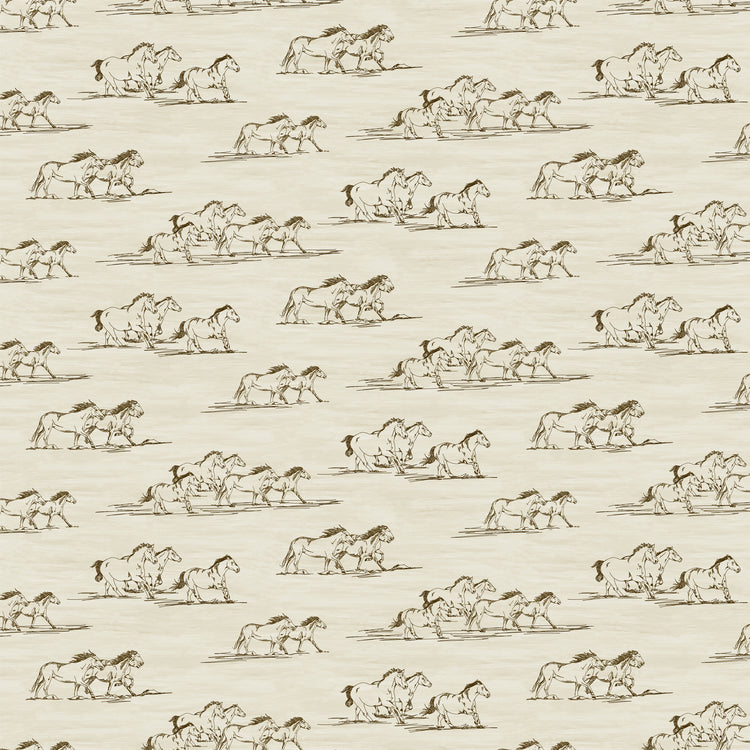Horse Toile Cream fabric with brown sketches of running horses on a softly textured cream background.