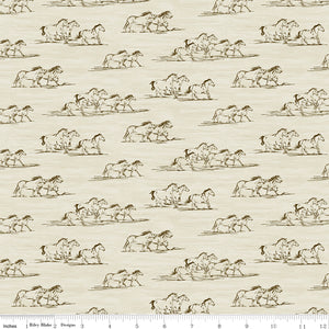 Horse Toile Cream fabric with brown sketches of running horses on a softly textured cream background with ruler for scale.