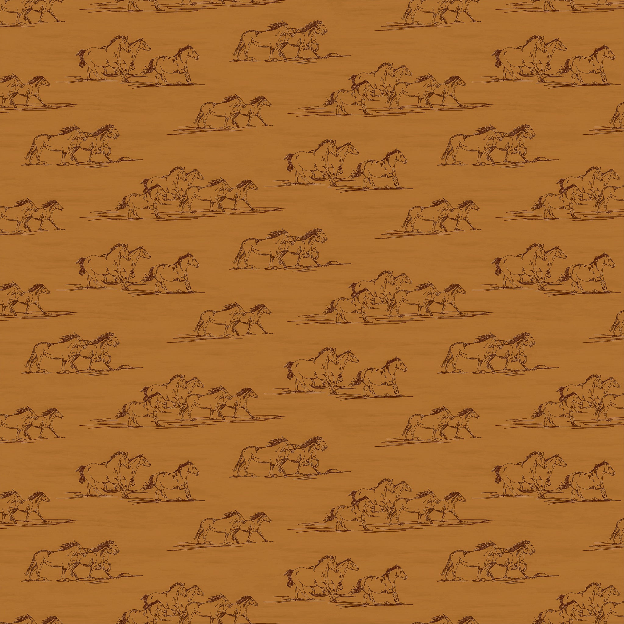 Horse Toile Ochre fabric with dark brown sketches of running horses on a golden ochre background.
