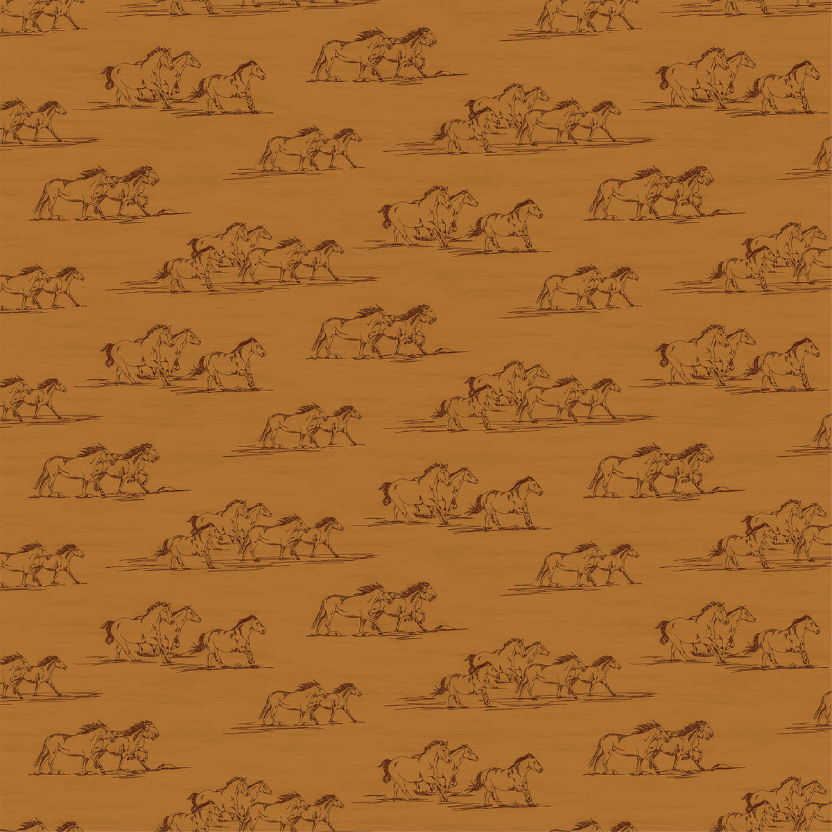 Horse Toile Ochre fabric with dark brown sketches of running horses on a golden ochre background.