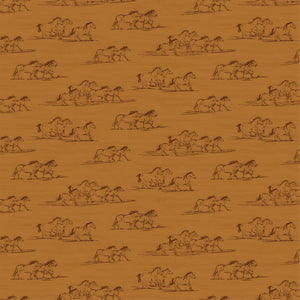 Horse Toile Ochre fabric with dark brown sketches of running horses on a golden ochre background.