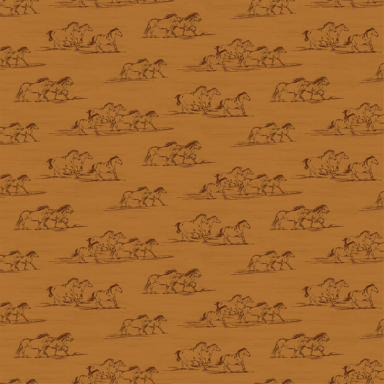 Horse Toile Ochre fabric with dark brown sketches of running horses on a golden ochre background.