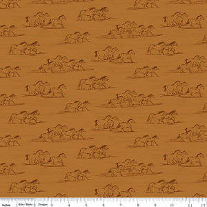 Horse Toile Ochre fabric with dark brown sketches of running horses on a golden ochre background with ruler for scale.