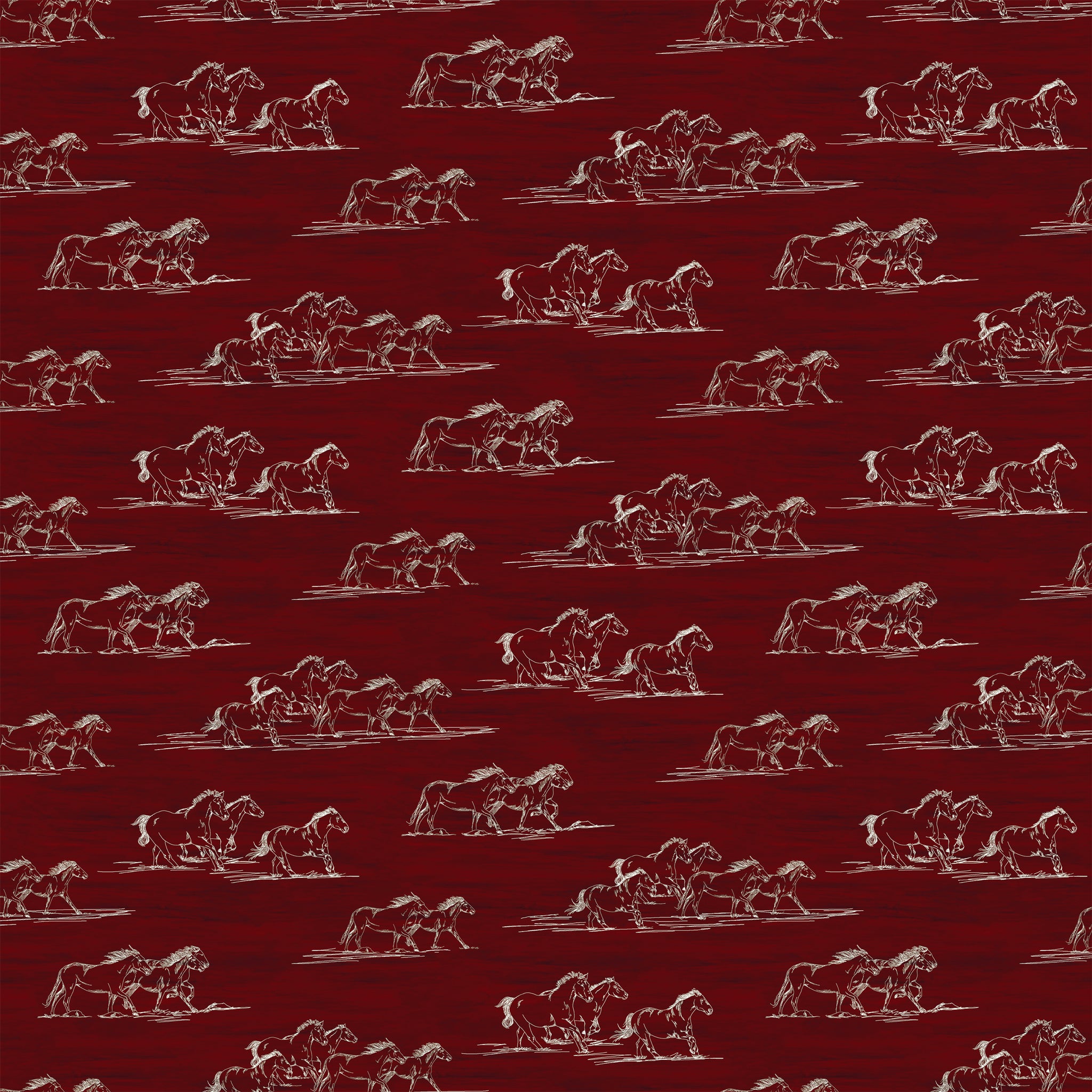 Horse Toile Red fabric with cream sketches of galloping horses on a deep red background.