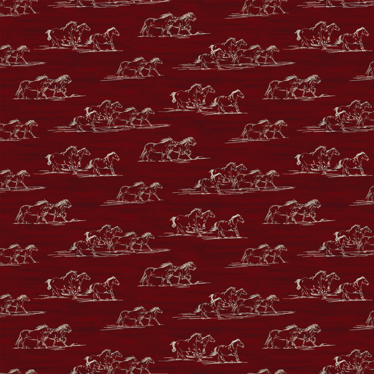 Horse Toile Red fabric with cream sketches of galloping horses on a deep red background.