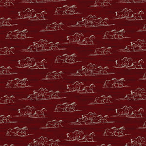 Horse Toile Red fabric with cream sketches of galloping horses on a deep red background.