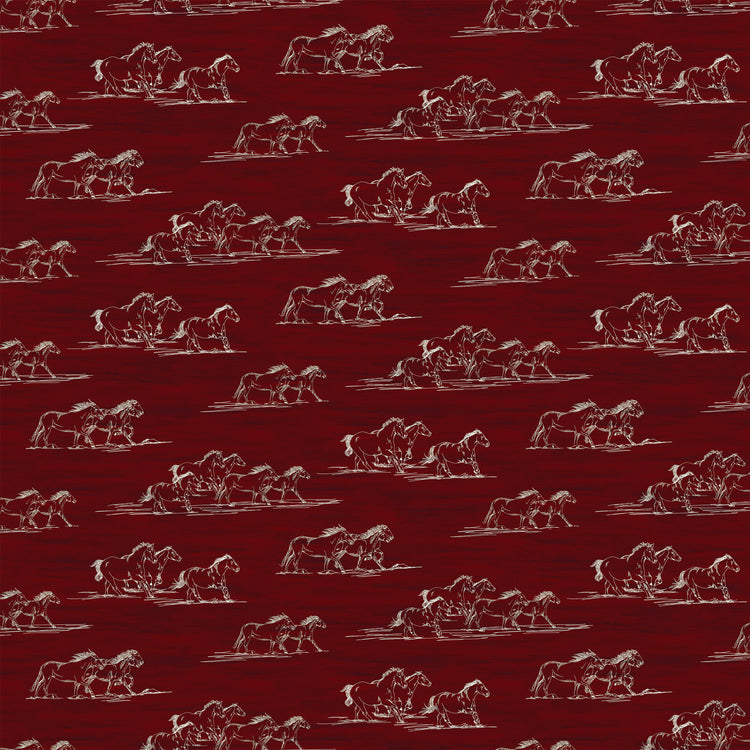 Horse Toile Red fabric with cream sketches of galloping horses on a deep red background.