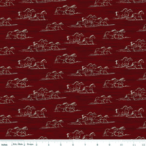 Horse Toile Red fabric with cream sketches of galloping horses on a deep red background with ruler for scale.