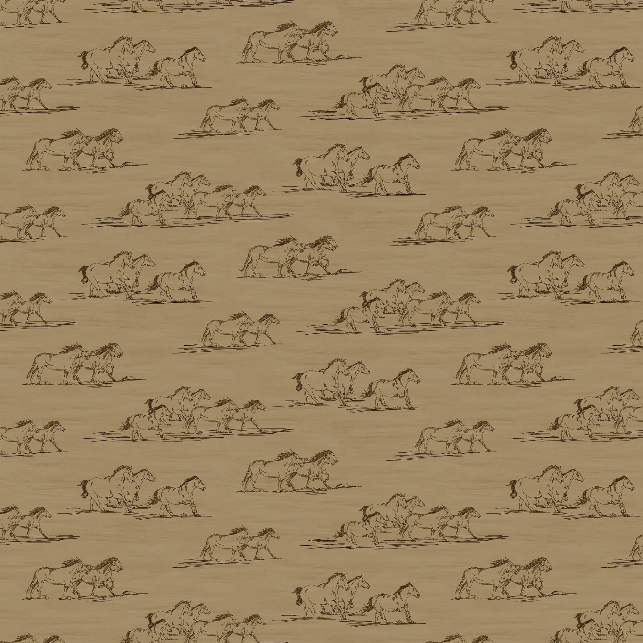 Horse Toile Tan fabric with brown line drawings of running horses on a sandy tan background.