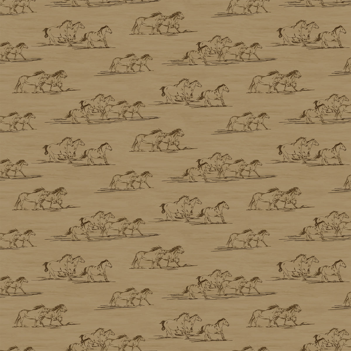 Horse Toile Tan fabric with brown line drawings of running horses on a sandy tan background.