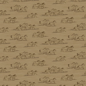 Horse Toile Tan fabric with brown line drawings of running horses on a sandy tan background.